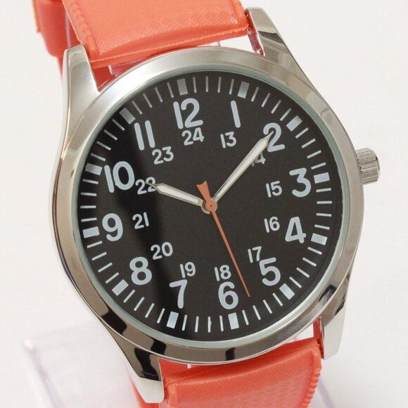 Men's Quartz Field Watch Silver Case Orange Tropical Rubber Strap 42mm - Picture 8 of 15